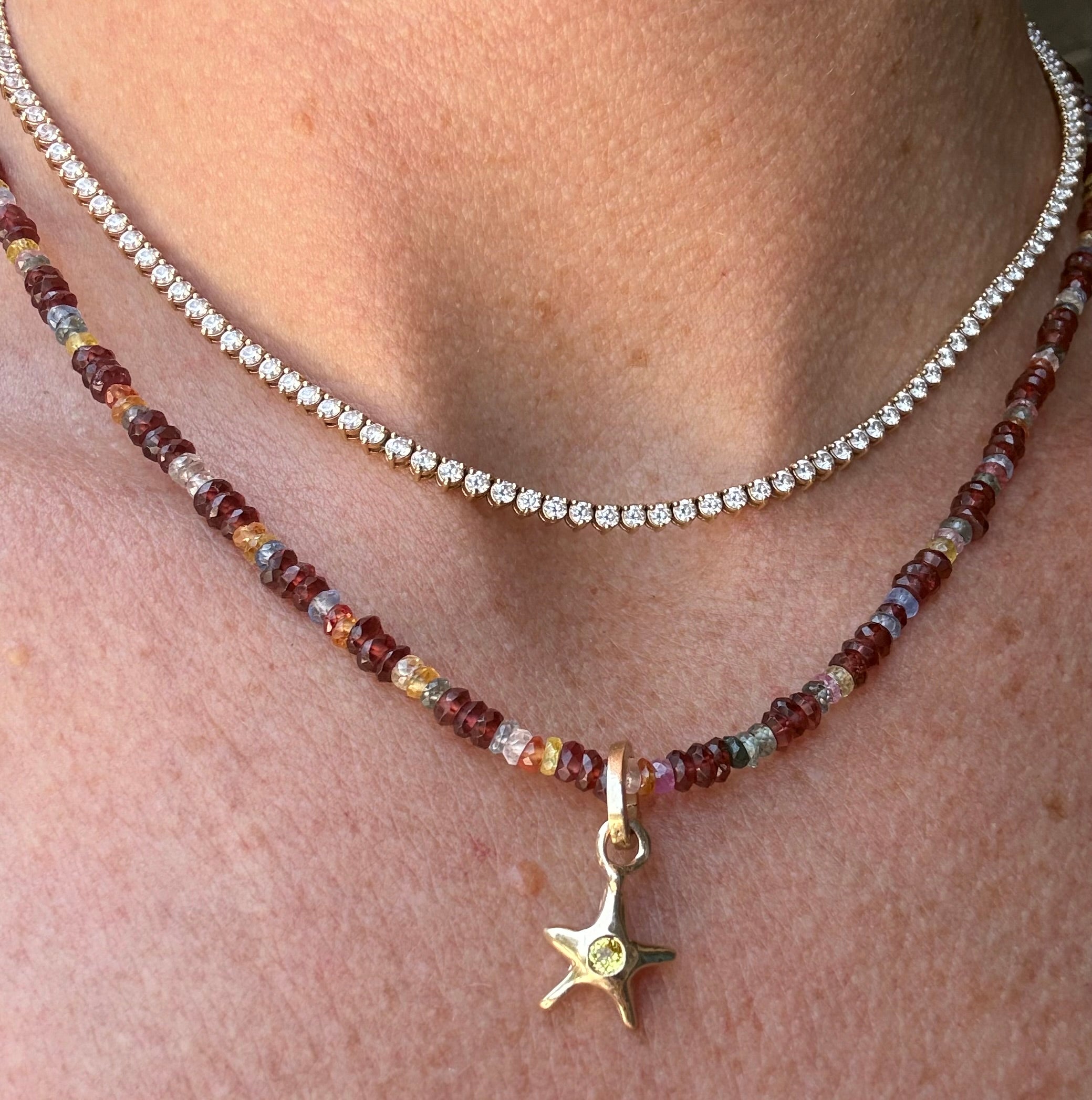 14k Gold Garnet and Sapphire Necklace